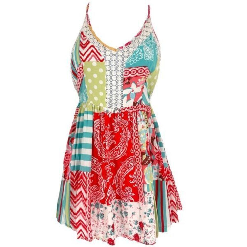 Angel Biba Patchwork Colorful Lace Trim Mini Sundress Size Small Open Back Boho‎